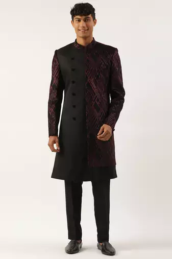 Wine velvet angrakha layered indowestern