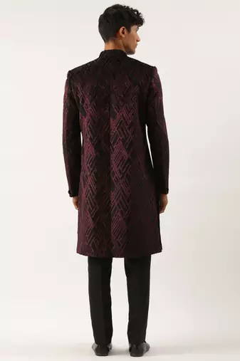 Wine velvet angrakha layered indowestern
