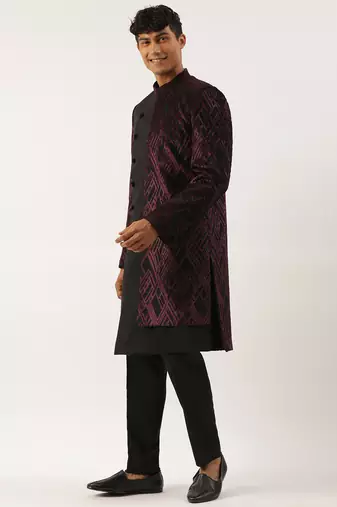 Wine velvet angrakha layered indowestern
