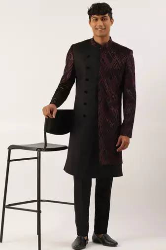 Wine velvet angrakha layered indowestern