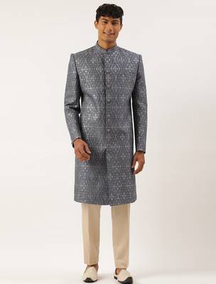 Grey silk embroidered indowestern 1