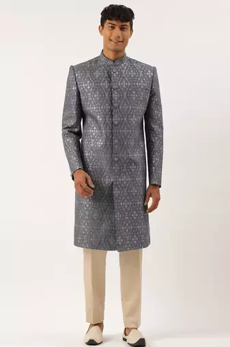 Grey silk embroidered indowestern