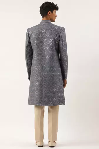 Grey silk embroidered indowestern