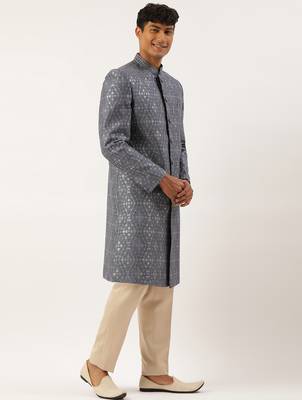 Grey silk embroidered indowestern 3