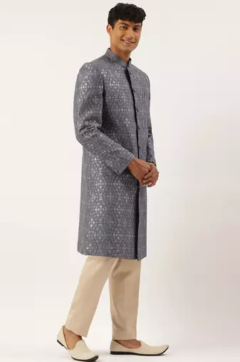 Grey silk embroidered indowestern