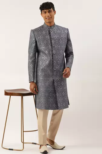 Grey silk embroidered indowestern