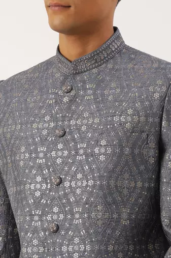 Grey silk embroidered indowestern