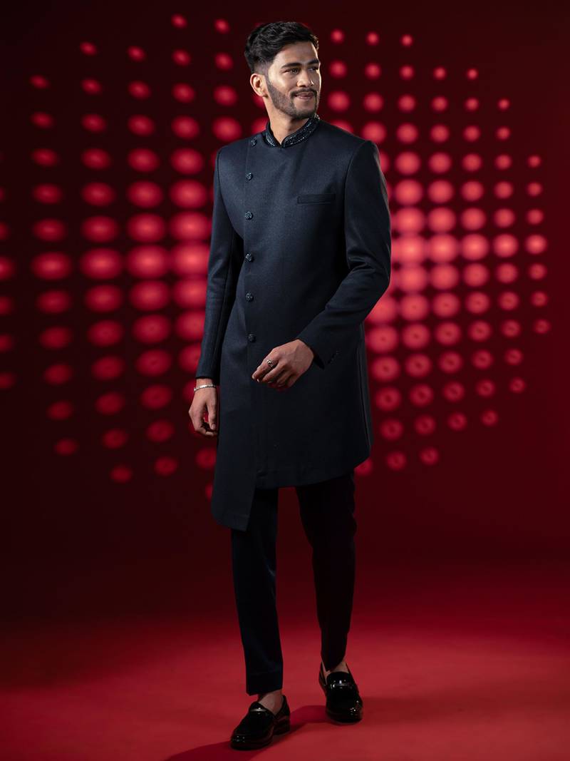Navy angrakha embroidered indowestern