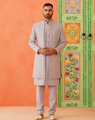Grey dori embroidered achkan 1
