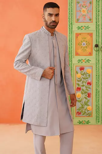 Grey dori embroidered achkan