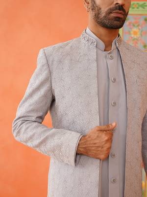 Grey dori embroidered achkan 4