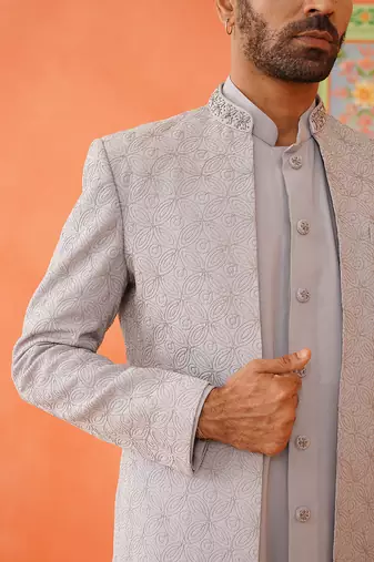 Grey dori embroidered achkan