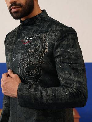 Black & grey textured indo set with dragon embroidery 3
