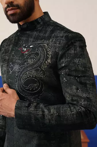Black & grey textured indo set with dragon embroidery