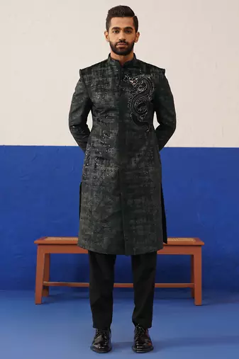Black & grey textured indo set with dragon embroidery