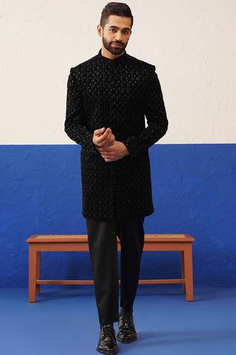 Black velvet embroidered short indo set