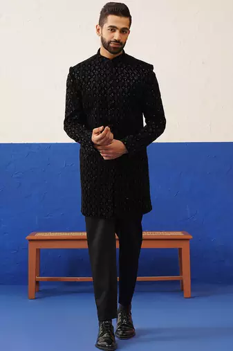 Black velvet embroidered short indo set