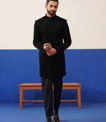 Black velvet embroidered short indo set