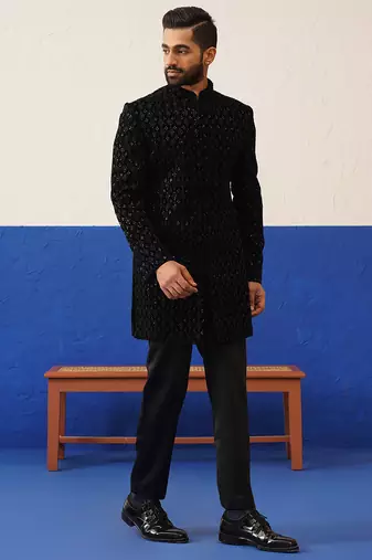 Black velvet embroidered short indo set