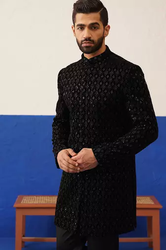 Black velvet embroidered short indo set