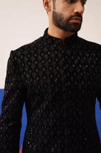 Black velvet embroidered short indo set