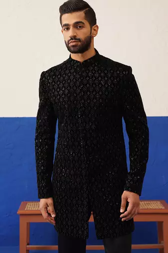 Black velvet embroidered short indo set