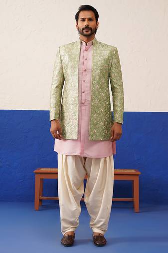 Sage green floral embroidered indo set