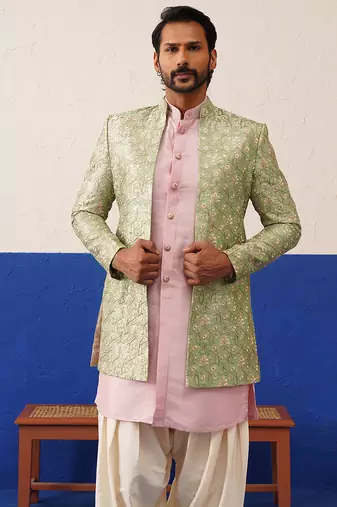 Sage green floral embroidered indo set