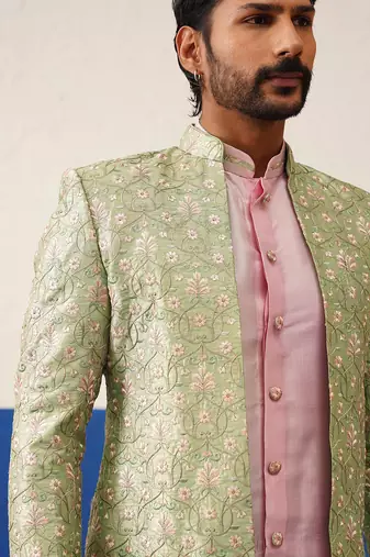 Sage green floral embroidered indo set