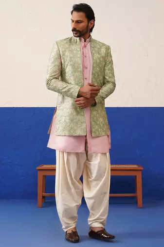 Sage green floral embroidered indo set