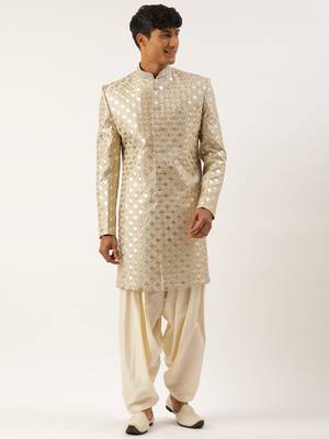 Beige gold embriodered indowestern 1