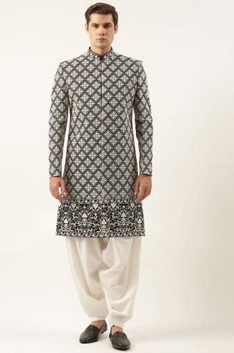Black silk embroidered indowestern set