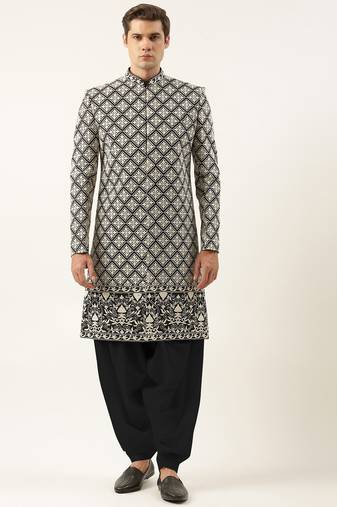 Black silk embroidered indowestern set