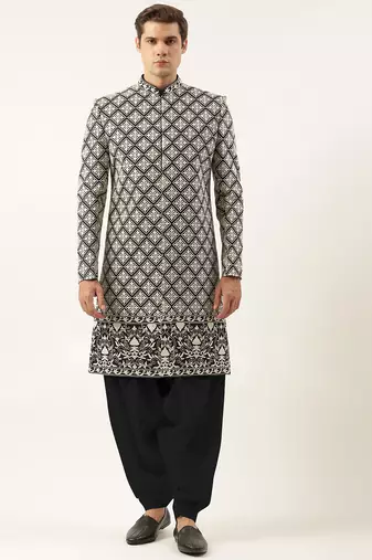 Black silk embroidered indowestern set