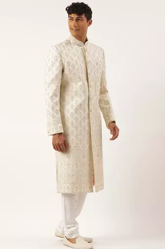 Cream embroidered sherwani