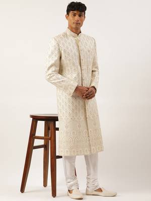 Cream embroidered sherwani 4