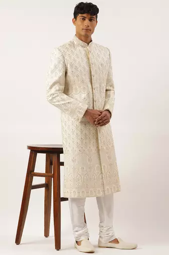 Cream embroidered sherwani
