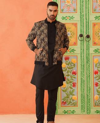 Black printed jacket kurta set 1