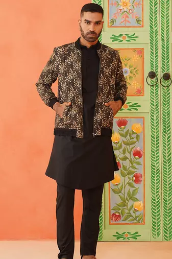 Black printed jacket kurta set