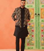 Black printed jacket kurta set