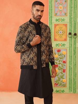 Black printed jacket kurta set 2