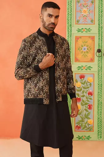 Black printed jacket kurta set