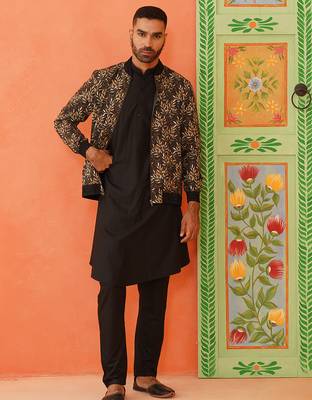 Black printed jacket kurta set 4