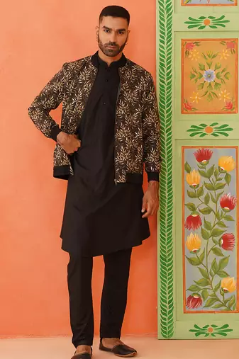 Black printed jacket kurta set
