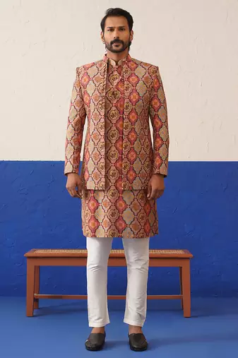 Multi color short jacket with printed kurta indo set