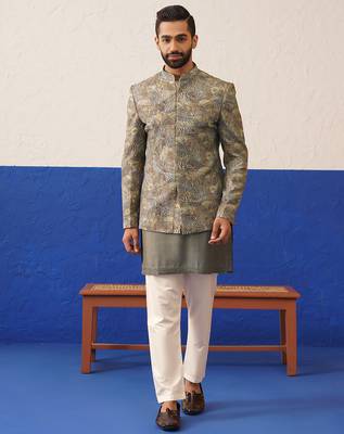 Multi colour printed and embroidered short kurta indo set 1