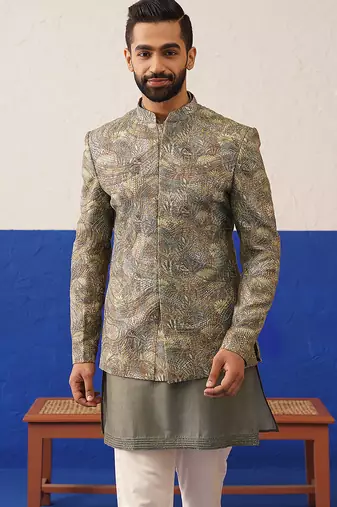 Multi colour printed and embroidered short kurta indo set