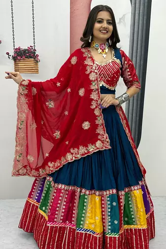 Navy Blue Pure Cotton Sequins Navratri Wear Lehenga Choli
