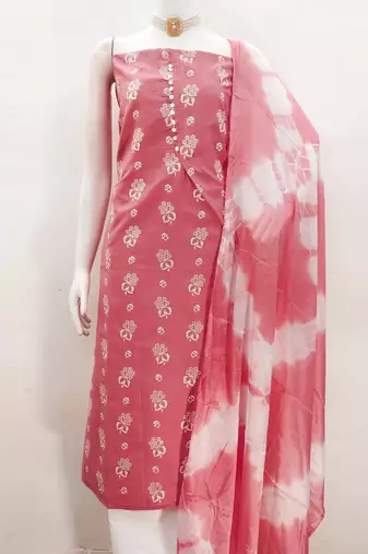 Peach floral cotton salwar suit material with tie-dye dupatta