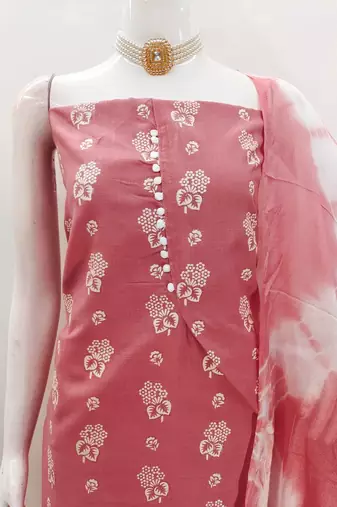 Peach floral cotton salwar suit material with tie-dye dupatta
